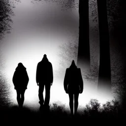 three figures, silhouettes, dark, foggy weather, night, forest, black, horror, art, evil, dark effect, trees,