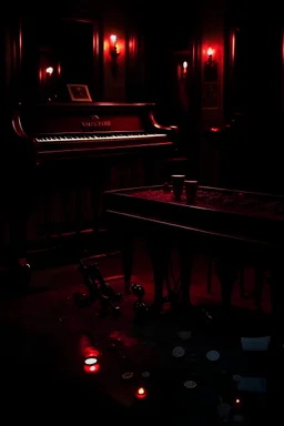 evening ballroom. some documents on the piano. some shattered wine glasses, traces of blood on floor, a gun lies abandoned on the floor, indicating the intensity of the conflict.