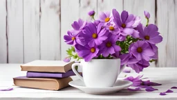 Stack of book, bouquet of purple cosmos flowers and white modern mug of coffee on white paint wooden background