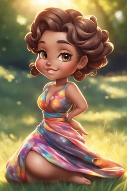 An airbrushed chibi black cartoon of a curvaceous woman with flowing brown hair twisted up, wearing a colorful maxi dress. She sits relaxed on the grass facing the warm sunlight, which illuminates her face as she looks to the side with a small smile, accentuating her prominent makeup and brown eyes.