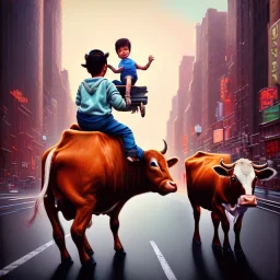 A one-year-old boy rides on the cow in the middle of a busy street in new york. photographic, bright colors and sunset, fantasy art, Anna Dittmann, digital painting, dan mumford, oil on canvas, jeff koons, akihito yoshida, wlop, kodachrome.