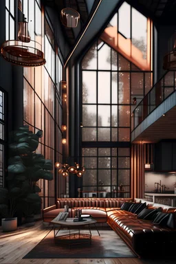 10k hyper realistic detailed luxury modern Industrial design house with glass paneling and low hanging copper lights and pitched roof, living room,