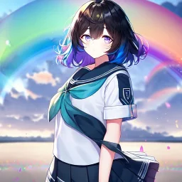 Clear focus,High resolution, Black and Rainbow short fluffy hair, and rainbow eyes, wearing a sailor uniform, must wear a short skirt with a horizontal line