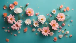 Beautiful spring flowers flying in the air, against teal background; Creative spring floral layout. Minimal birthday, valentines or wedding concept.