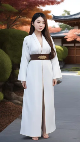 4K Photorealism : 30 year old Asian woman with a full body with a proportional body, symmetrical face, precise clean brown eyes, long flowing hair, precise chest accentuation, showing typical Japanese clothing