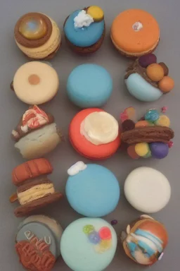 Mercury, Venus earth, Mars, Jupiter, Saturn, Uranus, Neptune made of macarons, candies and biscuits