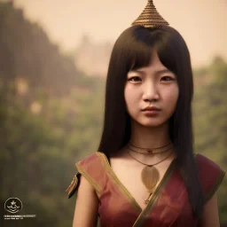 Thailand girl cute neck head portrait, warrior costume, village, meditation, 8k quality