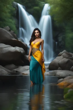 full shot body photo of the most beautiful artwork in the world featuring model, happy mood, High Detail, dramatic, photo realistic, ultra sharp, ultra hd, hyper realistic, ultra realistic, ((((dress)))), trending on artstation, sharp focus, studio photo, intricate details, highly detailed, standing in nice pose in country side with river ,water fall ,rocky valley,mountains at background, pretty clouds