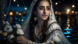 Hyper Realistic Photographic-Close-View Young Beautiful Happy Pashto Woman-Alone with beautiful eyes wearing white-embroidery-Dress-with-velvet-black-shawl Happily-Sitting in a ship-decorated-with-flowers-&-garland-lights in-the-middle-of-sea with cloudy-moonlight at beautiful-dark-night showing dramatic & cinematic ambiance.