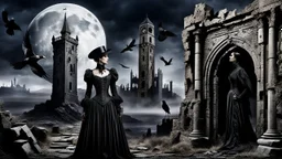 goth theme with victorian style woman, sharp focus, realistic, two raven, tower, ruin, moon, darkness, detalied materials, old wall, mystic, dark fantasy