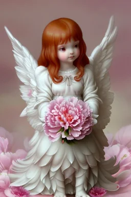 general view: a very small and delicate charming one-year-old angel with a perfect face with straight red hair from heaven sits in the garden on a blanket of cut peonies and holds a pink peony flower without a branch, in front of her liesa large fluffy gray cat, jean baptiste monge style, without inscriptions, logos and extraneous stamps, there should be no extra fingers and toes, don't make your cheeks scarlet red elegant fantasy photorealistic beautiful ultra detailed cinematic postprocessing