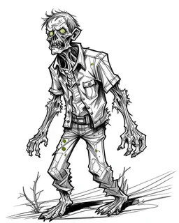 real one zombie, coloring image, full body (((((white background))))), only use an outline., real style, line art, white color, clean line art, white background, Sketch style