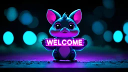a cute magical creature holding a purple neon light strip that says "Welcome", cinematic, dark colors, purple and teal lighting, beautiful scenery in the background, bokeh, Unreal Engine, expressive, artsy