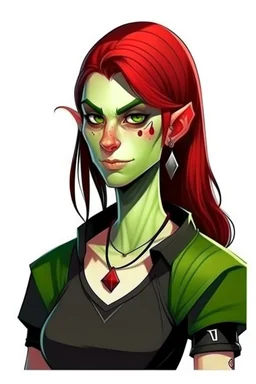 very smart half orc teenaged tomboy woman, shes strong and not pretty, her hair is dark red and shoulder length, she wears an earring and black clothing with green skin and pointed teeth, realistic style