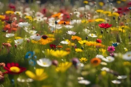 A field of wildflowers in full bloom, creating a kaleidoscope of colors under the bright sunlight. Ultra Realistic, National Geographic, Fujifilm GFX100S, 100mm telephoto lens, f/5.6 aperture, afternoon, macro, Provia 100F film