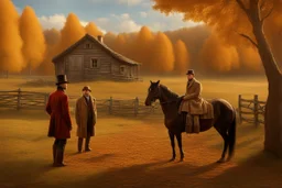 Fascinating, ultra-realistic nature in the photo. Golden autumn. A 32-year-old man in 19th-century Russian clothes walks towards the horses with his head raised to the sky, a smile on his face. In the background, a 19th-century estate and three horses stand at the outhouse.