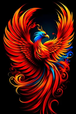 portrait of the phoenix bird which symbolizes valor, renewal and consists of the colors red, orange and purple