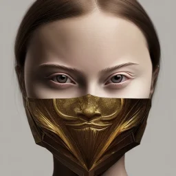 portrait of Greta Thunberg Mystery iconic mask, dramatique, art background, dramatic lighting, volumetric lighting, hyperrealisme, 8k, high quality, lot of details, fit within portrait