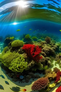 vista panoramica de un arrecife, variedad de peces de colores y corales, algunos rayos de sol penetran el agua, ambiente tranquilo, alto nivel de detalle