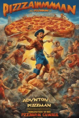 Create a movie poster for the 1939 movie "The Adventures of Pizzaman," Starring Hank Cavall, 4k, 8k, 16k, 32k, 100k UHD, Ultra-high resolution, photorealistic, 1080p, 4k, 8k, 16k, 32k, 100k UHD, Ultra-high resolution, photorealistic, 1080p, (matte skin:1.5), (extremely detailed face:1.5), (realistic human hair:1.5), (intelligent eyes:1.5), masterpiece, octane render, (long shot environmental portrait:1.8) photography, (ultra sharp focus:1.6), (ultra deep depth of field:1.5),