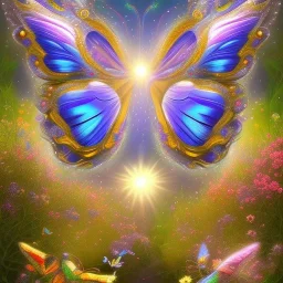 A world full of shimmering butterflies with spread out wings and light, graceful movement. This land is beautifully colored and surrounded by a picturesque landscape with trees, flowers, and singing birds. The butterflies are visible against the background of this peaceful, harmonious world.