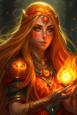 Female eladrin druid with fire abilities. Fire textured long golden hair. Tanned skin. Big red eyes with touch of fire .