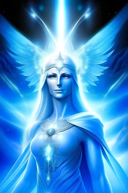 Très belle femme galactique divine, un faisceau fin de bleutée traverse au dessus tête, commandante en chef de flotte de vaisseaux blancs, lumière divine, archange