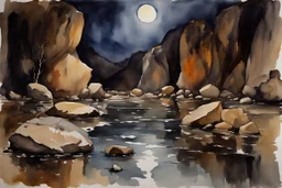 Night, rocks, gothic horror movies influence, puddle, mountains, epic, john singer sargent watercolor paintings