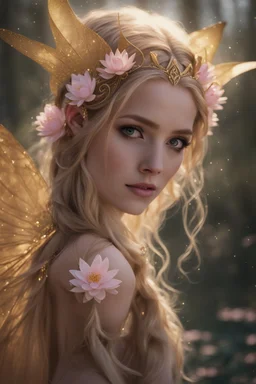 Pointed elven ears,Blonde hair ,Pink dress,Sparkling fairy wings,Very long golden hair,Fairy crown,pointed ears,elven ears,fairy wings,water lilies,sparkling,glittering,flowers,blossoms,golden crown,light pink dress