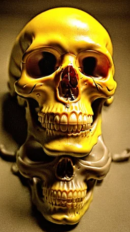 a picture of a dark, comedic, anatomically correct skull of a smiley face, photo realistic, highly detailed, yellow, old, part of a collection of bones on display on a scientists shelving