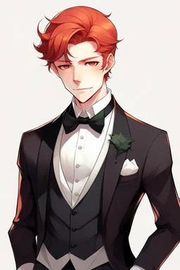 refined man with red hair anime wearing tuxedo realistic