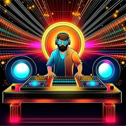 Dance hall ,dj play ,laser lights, disco ball, beard DJ play music with DJ desk