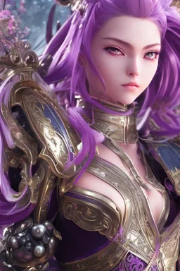 Detailed cute anime Kunoichi girl, purple hair buns, purple bangs, black latex bodysuit, intricate details, full body portrait, keep head in frame, slight smile, black Japanese motif, concept art, highly detailed, digital painting, concept art, sharp focus, illustration, art by Yoji Shinkawa, WLOP and greg rutkowski and alphonse mucha and artgerm and yanjun Chen and Junji ito and Makoto Shinkai, HDR, octane render