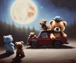 little boy and big teddy bears on moon. drifting in old bmw. oil on canvas