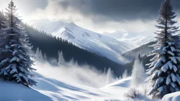 a distant shot of a white owl flying above the snow,mist,a fir forrest in the backround,clouds, valley,utra realistic, snow, masterpiece, sharp focus,volumetric lighting,