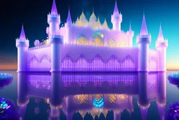 château en CRISTAL TRANSLUCIDES TRANSPARENTS beaucoup de DÉTAILS , tours de cristal vaisseaux blanc or, dans ciel cosmique galactique precision technique 9k TRES PRÉCIS HAUTE DEFINITION paysage fleuris FLEURS de TOUTES LES COULEURS cristaux châteaux , PORTAIL d'ENTRÉE , doré. HALL d'entrée FLEURI multicolores. FENÊTRRES VITRÉES , TRANSPARENTES collines, cité du FUTUR colorée rose - 14K