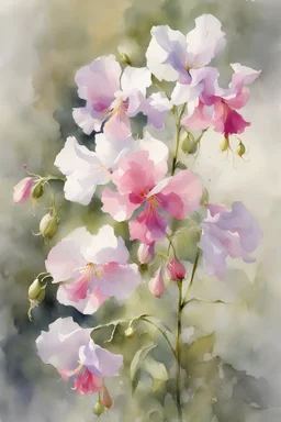 watercolor painting, by Richard Schmid, ((best quality)), ((masterpiece)), ((realistic, digital art)), (hyper detaile), watercolor painting, Masterpiece, intricate details, Richard Schmid, style, intricate details, sweet pea flowers, white background, vivid coloring, some splashes
