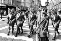 Mature cats are "The Beatles", playing music, street, Vienna, friendly, sunny day, model style, hyper realistic, extremely accurate, delicate, extremely detailed, Graphic novel style, wide-angle, open aperture, superfine pencil