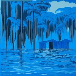 A blue watery coast in a rainstorm designed in Hawaiian tikis painted by Andy Warhol