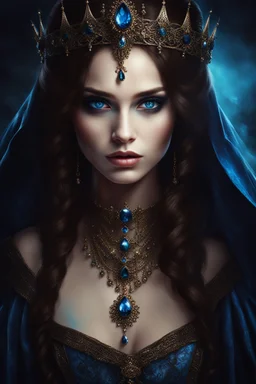 painted portrait of a young gothic queen with brown hair and blue eyes, very beautiful, dark fantasy