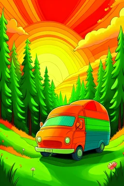 an orange cat driving a green van, huge rainbow background, inmerse in the forest, tall pines by side, sunset, green eyes,
