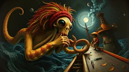 master oil painting by Rembrandt, roller coaster hypno psycho alien squid with rasta wig breast feeding with some bad ass power off shore oil platform cyber punk people experiencing gravity at its worst, pin hole cam, twisted perspective, goa trance music poster, awake within a psychedelic mushroom dream