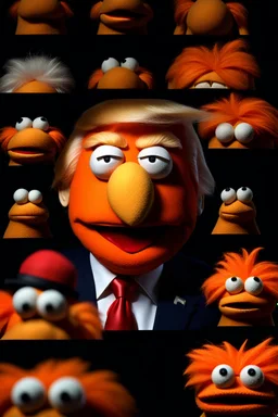 Waist up Angry muppet Portrait of Accurately representing Angey evil Orange Donald J Trump as muppet doll made of felt, president, photo studio, black background, unreal engine 5, concept art, art station, ray tracing, lumen lighting, ultra detail, volumetric lighting, 3d. He looks 80 years old.