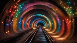 dream world, vast enormous warm underground railway tunnel, tiny multicoloured gemstones, twinkling lights, calm beauty, fantasy world, magic, night, darkness, splendor, uplifting, inspiring, therapeutic, chiaroscuro, color, award-winning colour photograph, beautiful composition, Nikon 85mm