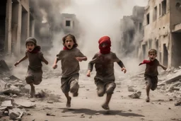 bloody children with without arms running from bombs in a ruined city in Palestina, smoke and fire and explosions