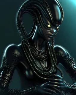 Dark fantasy androgynous alien made of chains wielding long chains