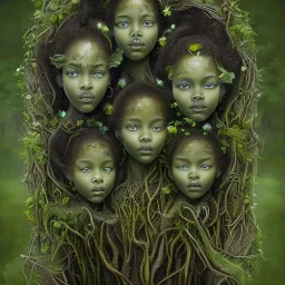 Painting .three women. A mother. Two daughter. Twins. A mother with her children the faces of three young black women. wood nymphs emerging from the forest. Her hair looks like vines. Dreadlocs. Her skin is the colour of dark soil. Her skin looks like tree bark. Her clothing is made of vines, grass and leaves.