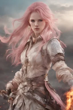 Realistic photo of lightning final fantasy character with long light pink hair and wearing lace clothing and is holding a flaming sword with a battlefield in the background