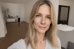 A selfie of a woman, middle long blond hair, showing a 39-year-old European woman. She has brown hair, face without makeup, cute nose, detailed full lips, skin texture. Natural lighting and low contrast