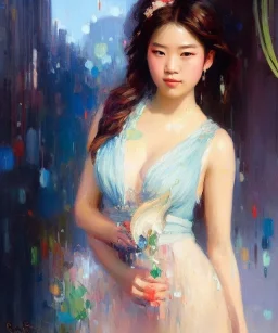 realist impressionist portrait of "The Curious Female" by Ross Tran rework. Masterpiece, best quality, painted impressionist brush strokes. paint drips and drabs and splatters by and by art nouveau and richard schmid . Paint spatters, drips, drabs, dynamic, artstation, artgerm